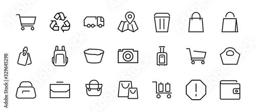 A simple set of bags, shopping and travel icons. Vector illustration Contains icons such as Card, wallet, shopping basket, discount, bowl, package. On a white background, editable stroke. 48x48 pixels