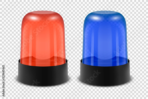 Vector 3d Realistic Red and Blue Police Flasher Siren Icon Set Closeup Isolated on Transparent Background. Light, Beacon For Police Car, Ambulance, Fire Trucks. Emergency Flashing Siren. Front View
