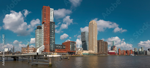 Rotterdam  The Netherlands  march 2020  panoramic view of the Rotterdam skyline at the Rijnhaven  beautiful sunny day  panorama