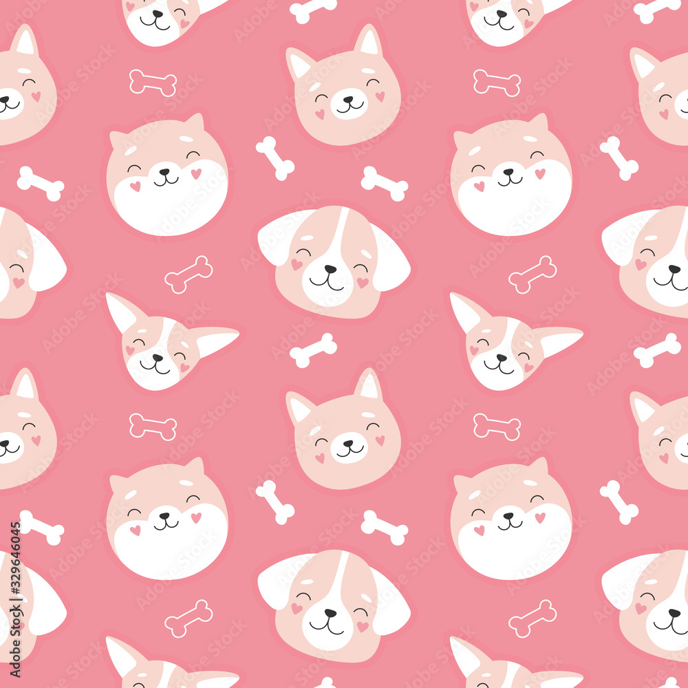 Fase dogs seamless pattern. Cartoon vector illustration for background, textile, fabric, wrapping, fabric, wallpaper. Animal print on a pink background.