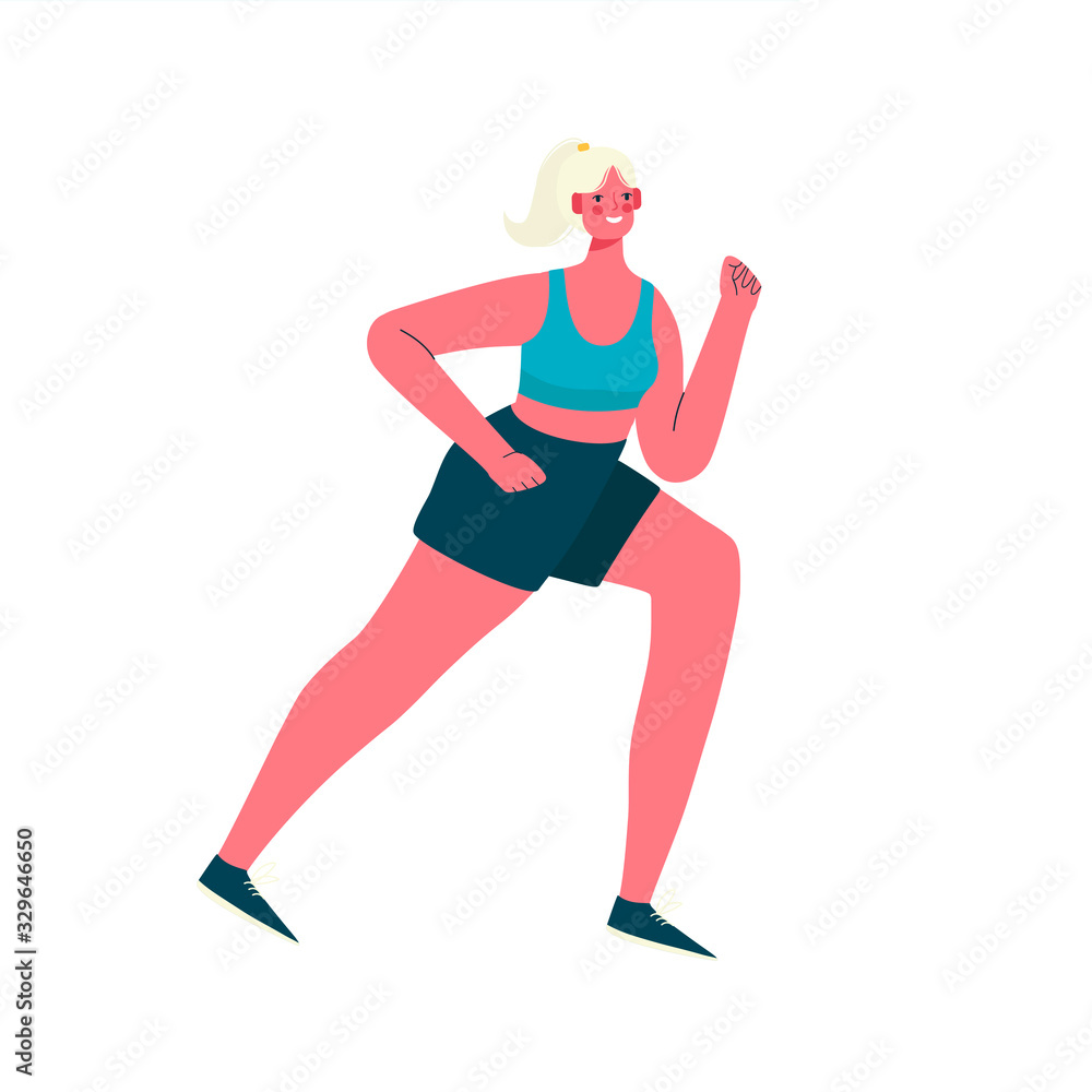 Running woman dressed in sportswear isolated on a white background.Morning jogging. Active and healthy lifestyle. Sports competition, outdoor workout or exercise, athletics. Flat vector illustration. Running woman dressed in sportswear isolated on a white background.Morning jogging. Active and healthy lifestyle. Sports competition, outdoor workout or exercise, athletics. Flat vector illustration.