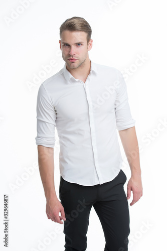 Mens fashion and style. Caucasian guy wear elegant style isolated on white. Handsome man with unshaven face and hair style. Fashion and style trends. Dress for any occasion © be free