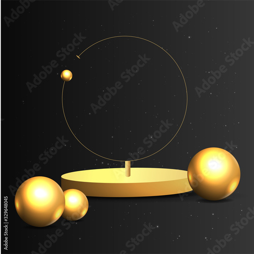 Fototapeta Naklejka Na Ścianę i Meble -  Metallic golden stage with floating geometrical forms, round platform, realistic minimal background, 3d luxury scene on black for product presentation