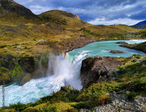 Patagonia Waterfall in mountains Torres del Paine National Park Chile