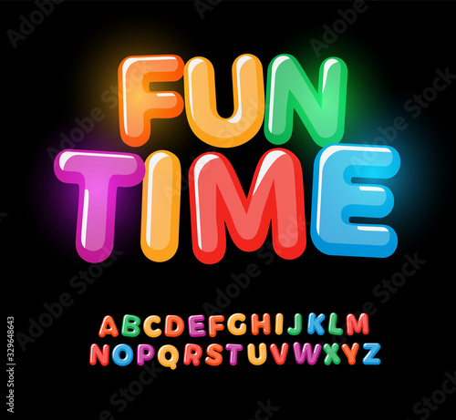 Children font. Bold kids alphabet for birthday celebrating and kids zone, room, time or baby toys logo template. Modern colorful letters design on black background. Vector typography