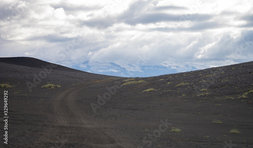Laugavegur hiking trek, panoramic view of mountain with Volcanic landscape during ash storm. Iceland