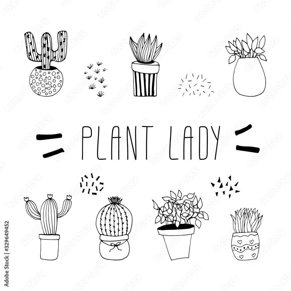 Cute hand drawn set of cactus pots. Doodle vector illustration house ...