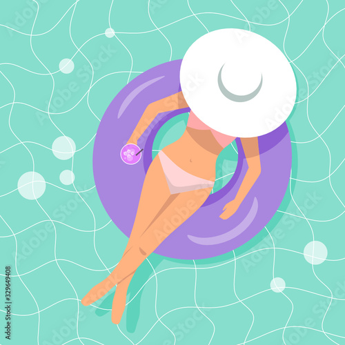 Woman with hat floating oh rubber ring, holding cocktail in hand, summer vector illustration