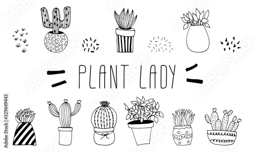 Cute hand drawn set of cactus pots. Doodle vector illustration house plants for wedding design, logo and greeting card. Isolated on white background.