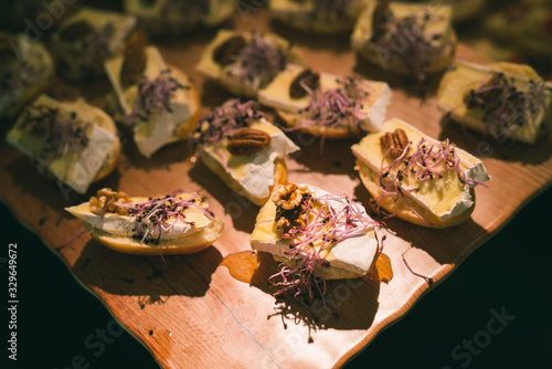 Vegetarian Finger Food with toast, honey, brie cheese, sprouts and baked walnuts
