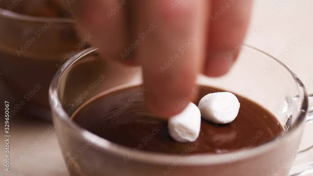 Hot Chocolate with Marshmallow. Falling marshmallows in a Cup of Hot beverage closeup. Concept of winter time, fall. Hot Chocolate with Marshmallow. Falling marshmallows in a Cup of Hot beverage closeup. Concept of winter time, fall.