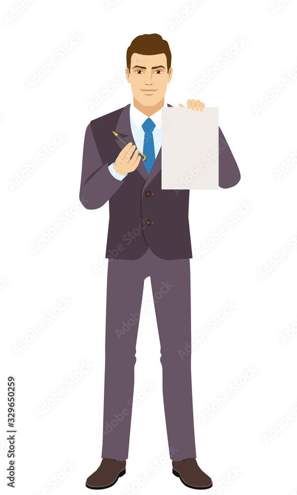Smiling Businessmen giving pen for your signature on paper. Businesswomen offers to sign a document. Full length portrait of Businessman in a flat style. Smiling Businessmen giving pen for your signature on paper. Businesswomen offers to sign a document. Full length portrait of Businessman in a flat style.
