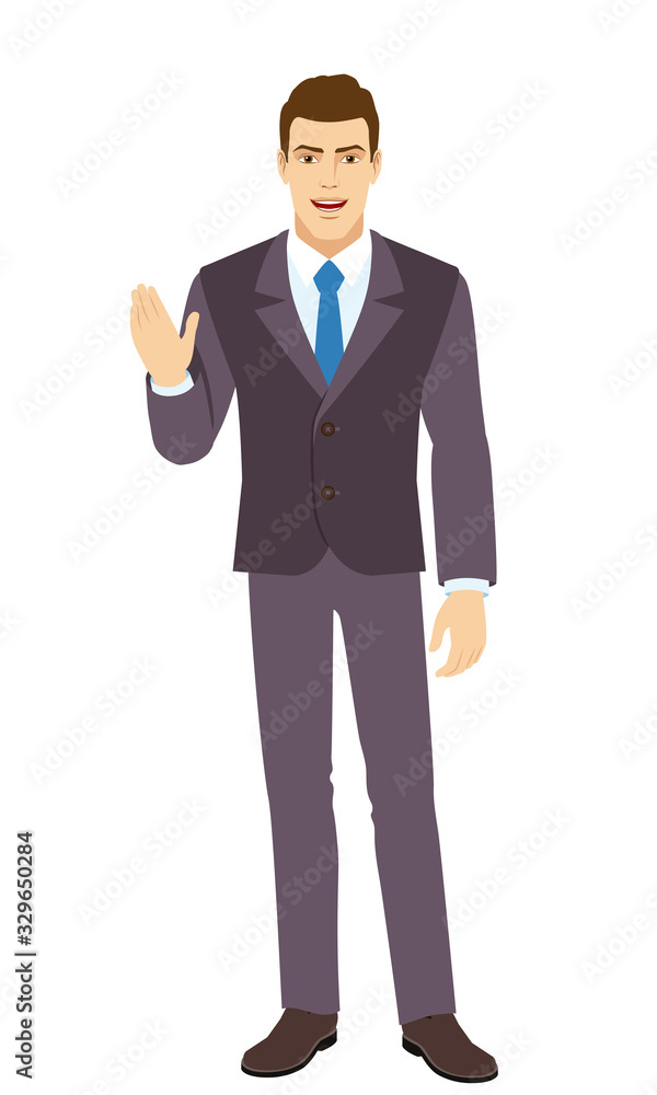 Smiling Businessman greeting someone with his hand raised up. Full length portrait of Businessman in a flat style.