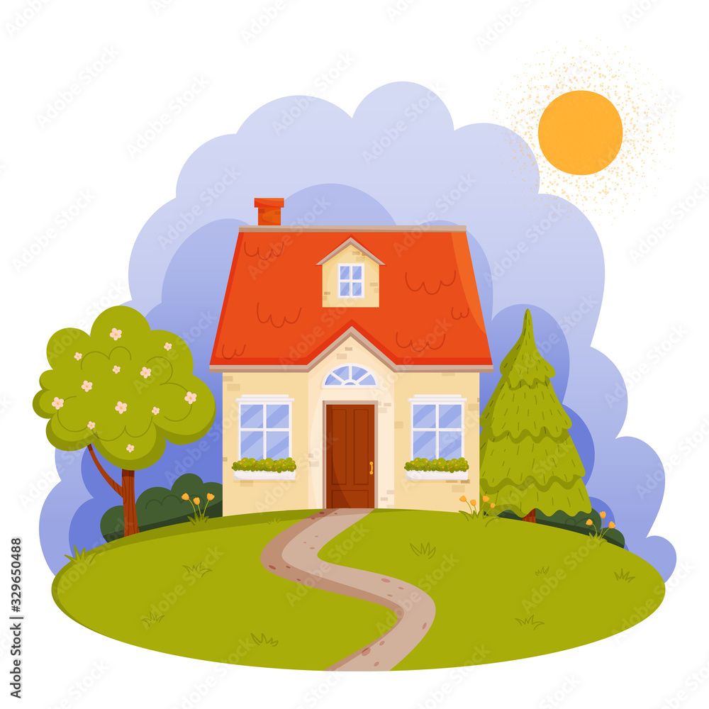 Vector cartoon illustration of a beautiful house and spring landscape