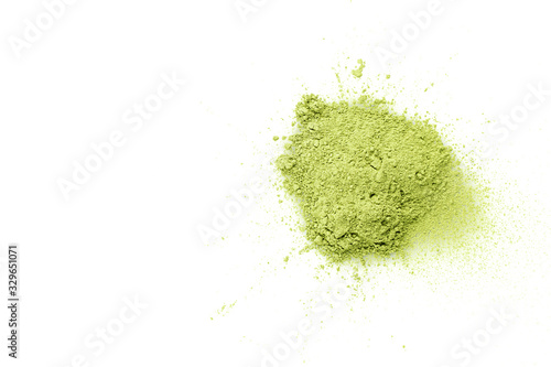 matcha green powder tea on a white background with place for text. Mask for the face. Antioxidant.