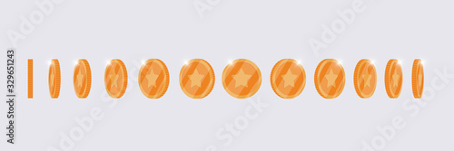 Bronze 3d coin turn around different position set for game or apps animation. Bingo jackpot casino poker win rotation metal elements. Cash treasure concept vector illustration