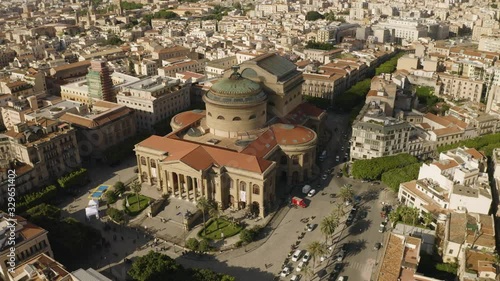 Flying over the theater Massimo Vittorio Emanuele, and Piazza Giuseppe Verdi in the historic part of Palermo. Aerial parallax mod shot