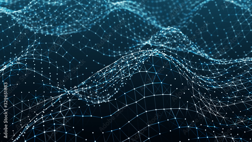 Naklejka premium Abstract dynamic wave of particles and lines. Big data. Network of bright connected dots and lines. Digital background. 3d rendering.
