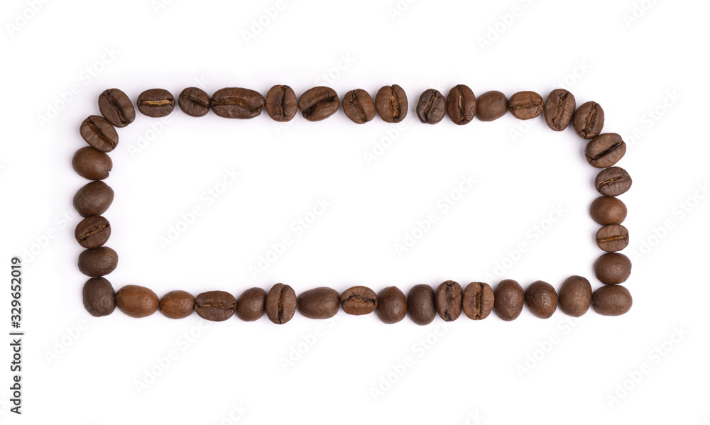 Frame shaped of roasted coffee beans. Design for signboard isolated on white background. Frame shaped of roasted coffee beans. Design for signboard isolated on white background.