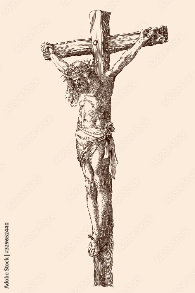 Jesus Christ crucified on a wooden cross. Vector illustration of a figure isolated on a beige background. Detail of an engraving by Albrecht Durer, Nunberg, 1508. Jesus Christ crucified on a wooden cross. Vector illustration of a figure isolated on a beige background. Detail of an engraving by Albrecht Durer, Nunberg, 1508.