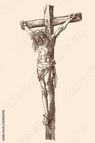 Jesus Christ crucified on a wooden cross. Vector illustration of a figure isolated on a beige background. Detail of an engraving by Albrecht Durer, Nunberg, 1508.