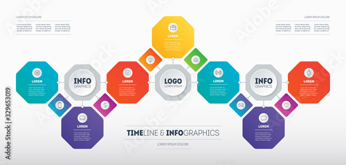 Infographics of technological or education process with 7 points. Step-by-step instruction consisting of octagons. Presentation Template of Business development with seven options and 13 icons. 