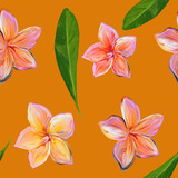Frangipani Plumeria Tropical Flowers on orange, Lush lava background. Seamless Pattern Background. Tropical floral summer seamless pattern background with plumeria flowers with leaves