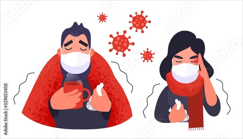 Coronavirus in China. People in medical face mask. Anxiety man and woman. Corona virus symptoms. Vector medical concept