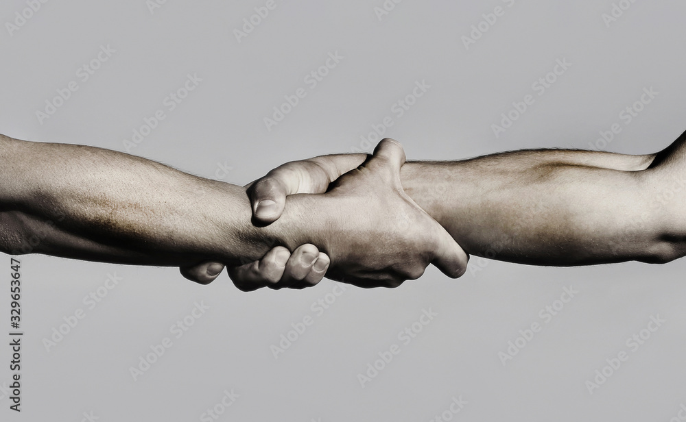 Friendly handshake, friends greeting, teamwork, friendship. Closeup