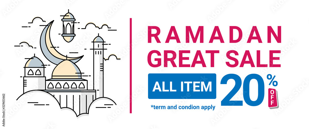 Ramadan sale banner with illustration line art mosque