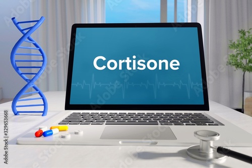 Cortisone – Medicine/health. Computer in the office with term on the screen. Science/healthcare photo