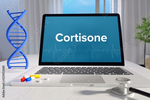 Cortisone – Medicine/health. Computer in the office with term on the screen. Science/healthcare