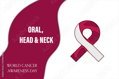 Oral, head and neck cancer awareness poster. White and burgundy ribbon made in 3D paper cut and craft style on white background. Medical concept. Vector illustration.