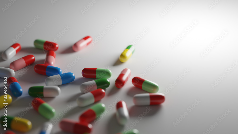 Multicolored pills on white background. Medical treatment, prescription drugs, pharmaceutical industry concept. Digital 3D render. Multicolored pills on white background. Medical treatment, prescription drugs, pharmaceutical industry concept. Digital 3D render.