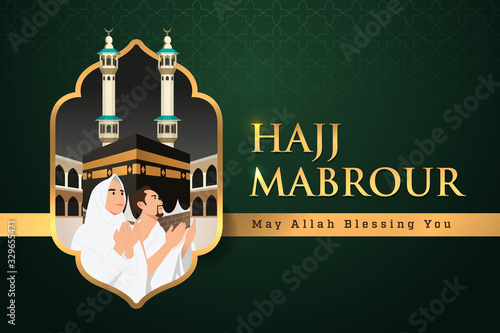 Hajj Mabrour background with Kaaba, man and woman Hajj or umrah Character