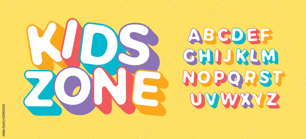 3D letter set for Kids Zone. Font for children birthday party, festive, kids logo or colorful funny poster. Simple flat multi color alphabet. Vector typography