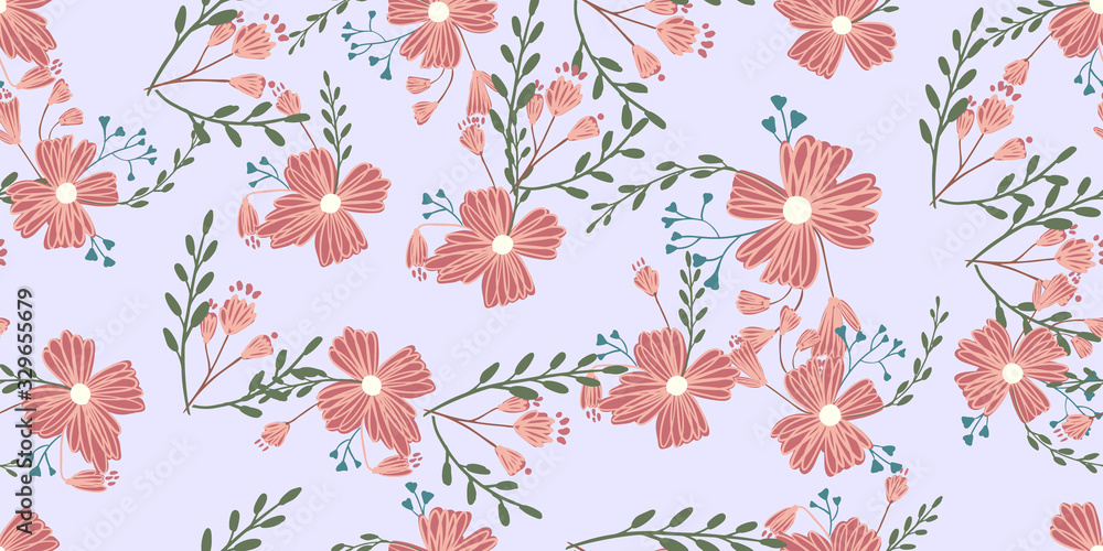 Seamless pattern with colorful hand drawn flowers. Original textile, wrapping paper, wall art surface design. Vector illustration. Floral simple minimalistic graphic