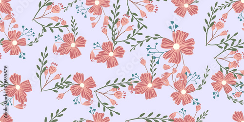 Seamless pattern with colorful hand drawn flowers. Original textile, wrapping paper, wall art surface design. Vector illustration. Floral simple minimalistic graphic © WI-tuss