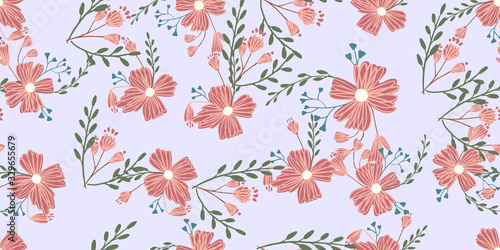 Seamless pattern with colorful hand drawn flowers. Original textile  wrapping paper  wall art surface design. Vector illustration. Floral simple minimalistic graphic