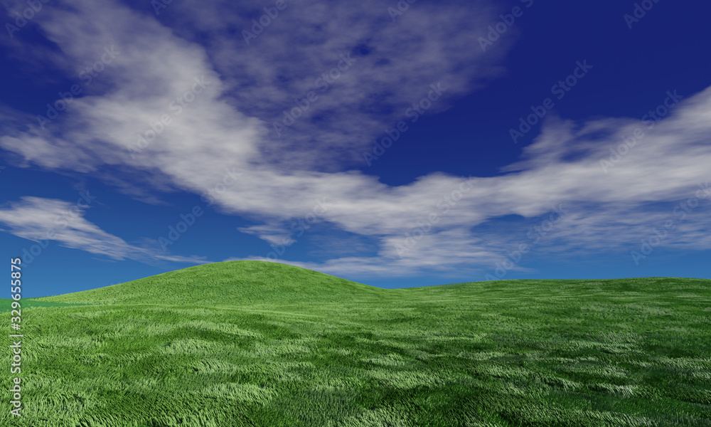 Blue sky and beautiful cloud with meadow and sunshine. Plain landscape background for summer poster. The best view for holiday. picture of green grass field and blue sky with white clouds. 3D Render.