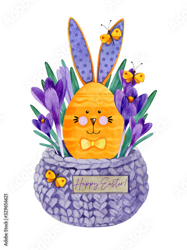 Watercolor easter card with orange egg with bunny ears. Stripes, dots and lines are drawn on the egg. Hand drawn egg on a background of purple crocuses in a wicker basket with yellow butterflies. photo