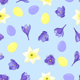 Seamless pattern with Easter eggs and spring flowers: crocuses and daffodils on a blue background