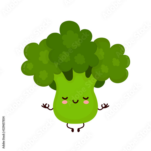 Cute smiling broccoli meditate in yoga pose. 
