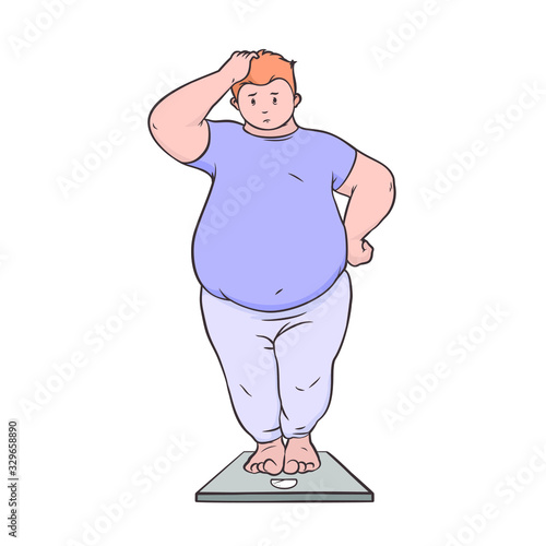 Shocked fat man standing on the scales. Cartoon character. Vector illustration.