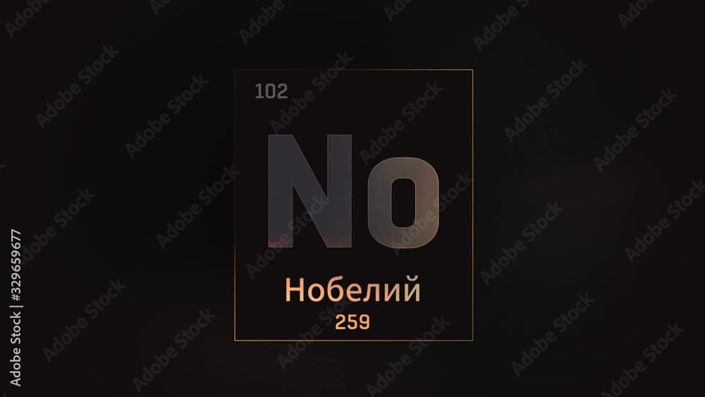 Nobelium as Element 102 of the Periodic Table. Seamlessly looping 3D animation on grey illuminated atom design background orbiting electrons name, atomic weight element number in russian language Nobelium as Element 102 of the Periodic Table. Seamlessly looping 3D animation on grey illuminated atom design background orbiting electrons name, atomic weight element number in russian language