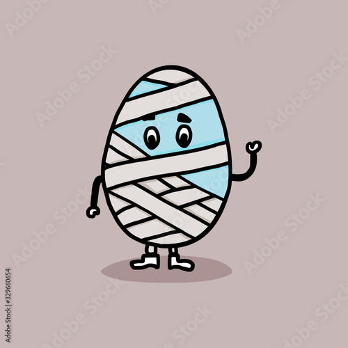 Mummy egg in bandage. Funny comic Easter character of a broken egg. Great design for tee print.