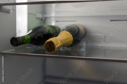 Two bottles of champagne and wine are in a completely empty fridge