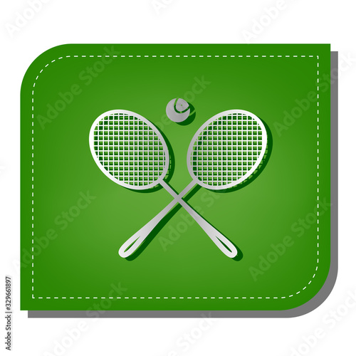 Two tennis racket with ball sign. Silver gradient line icon with dark green shadow at ecological patched green leaf. Illustration.