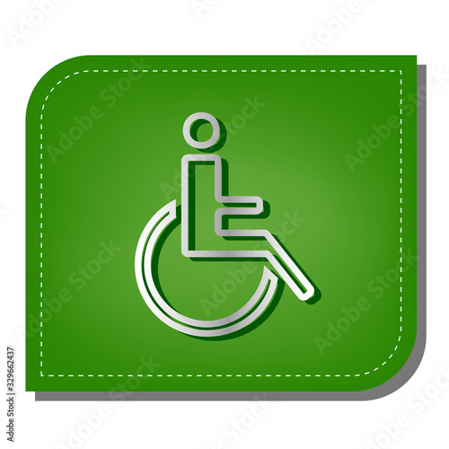 Disabled sign illustration. Silver gradient line icon with dark green shadow at ecological patched green leaf. Illustration.