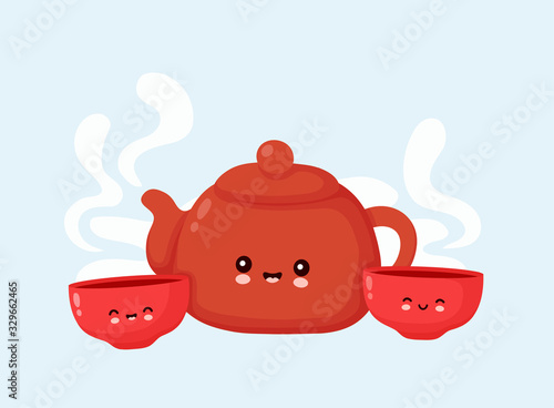 Cute happy smiling teapot and tea bowls